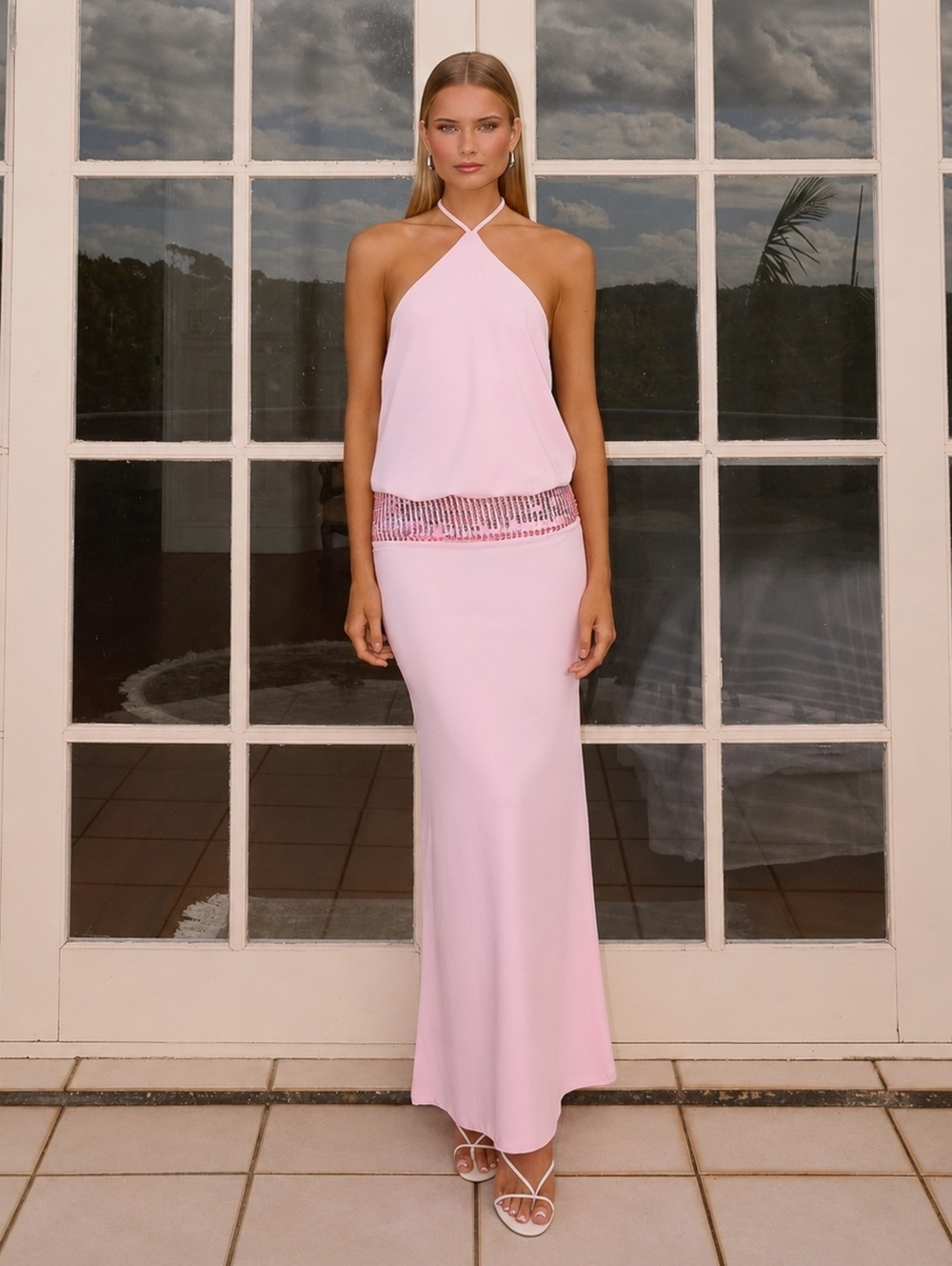 Peppermayo Marcie Halter Maxi Dress Pink Sequin Drop Waist Size 4 NWT